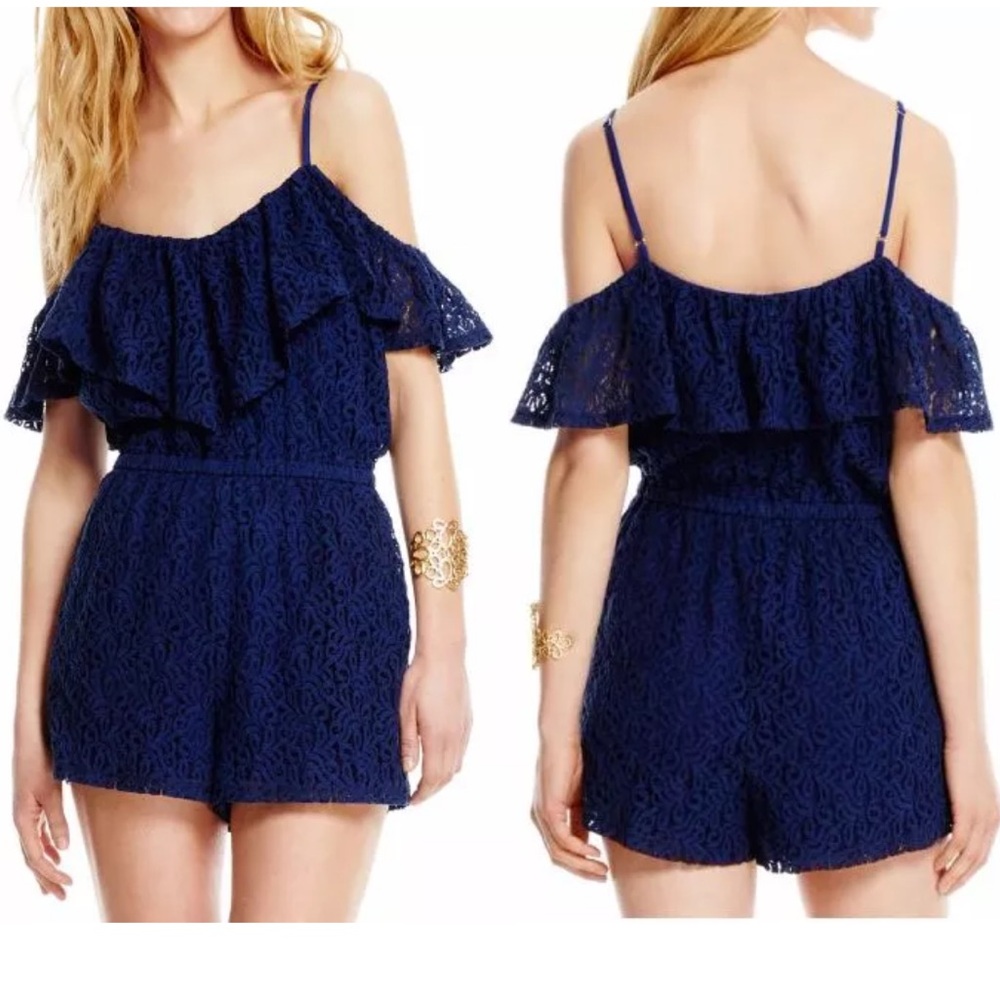 Jessica Simpson Norah Cold Shoulder Blue Depths Ruffled Lace Romper